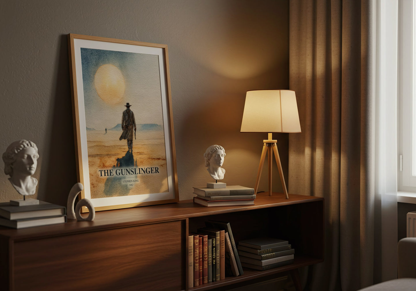 The Gunslinger watercolour print on bookshelf – Stephen King fan gift