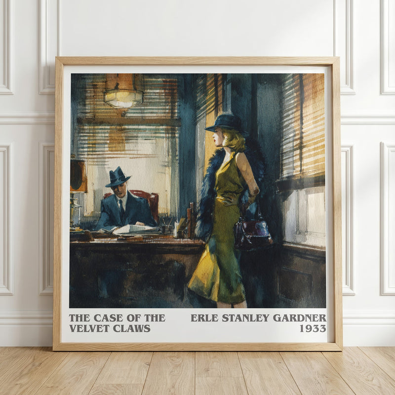 The Case of the Velvet Claws literary print in frame leaning in hallway – mystery wall art