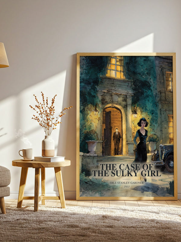 The Case Of The Sulky Girl watercolour print in frame leaning in hallway – mystery wall art