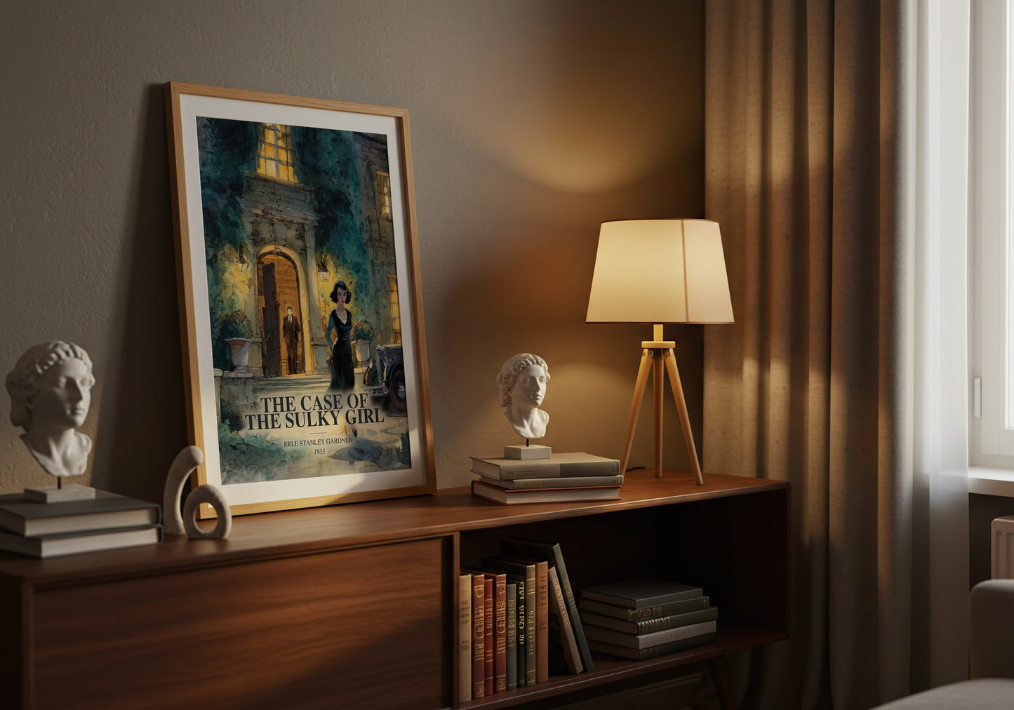 The Case Of The Sulky Girl watercolour print on bookshelf – Erle Stanley Gardner fan gift