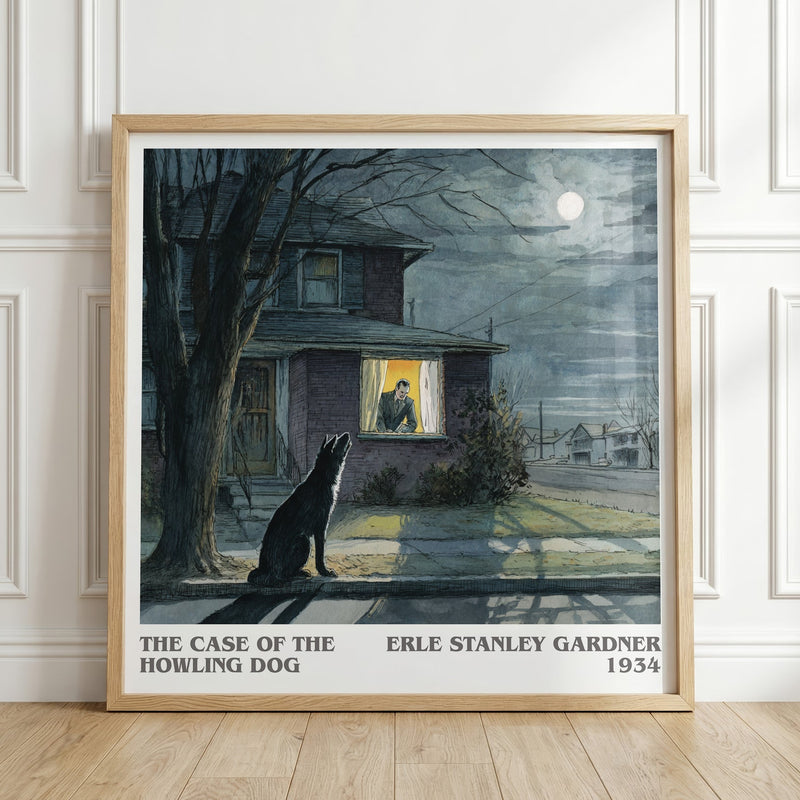 The Case of the Howling Dog literary print in frame leaning in hallway – mystery wall art