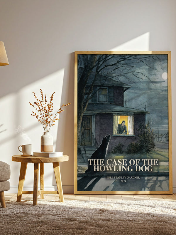 The Case Of The Howling Dog watercolour print in frame leaning in hallway – mystery wall art