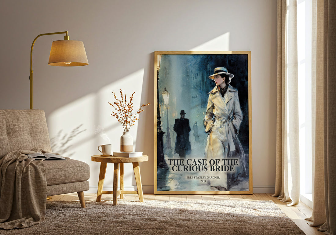 The Case Of The Curious Bride watercolour print in frame leaning in hallway – mystery wall art (mockup)
