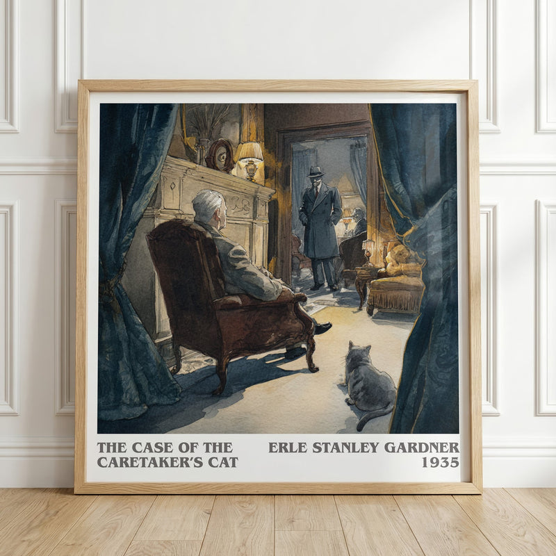 The Case of the Caretaker's Cat literary print in frame leaning in hallway – mystery wall art