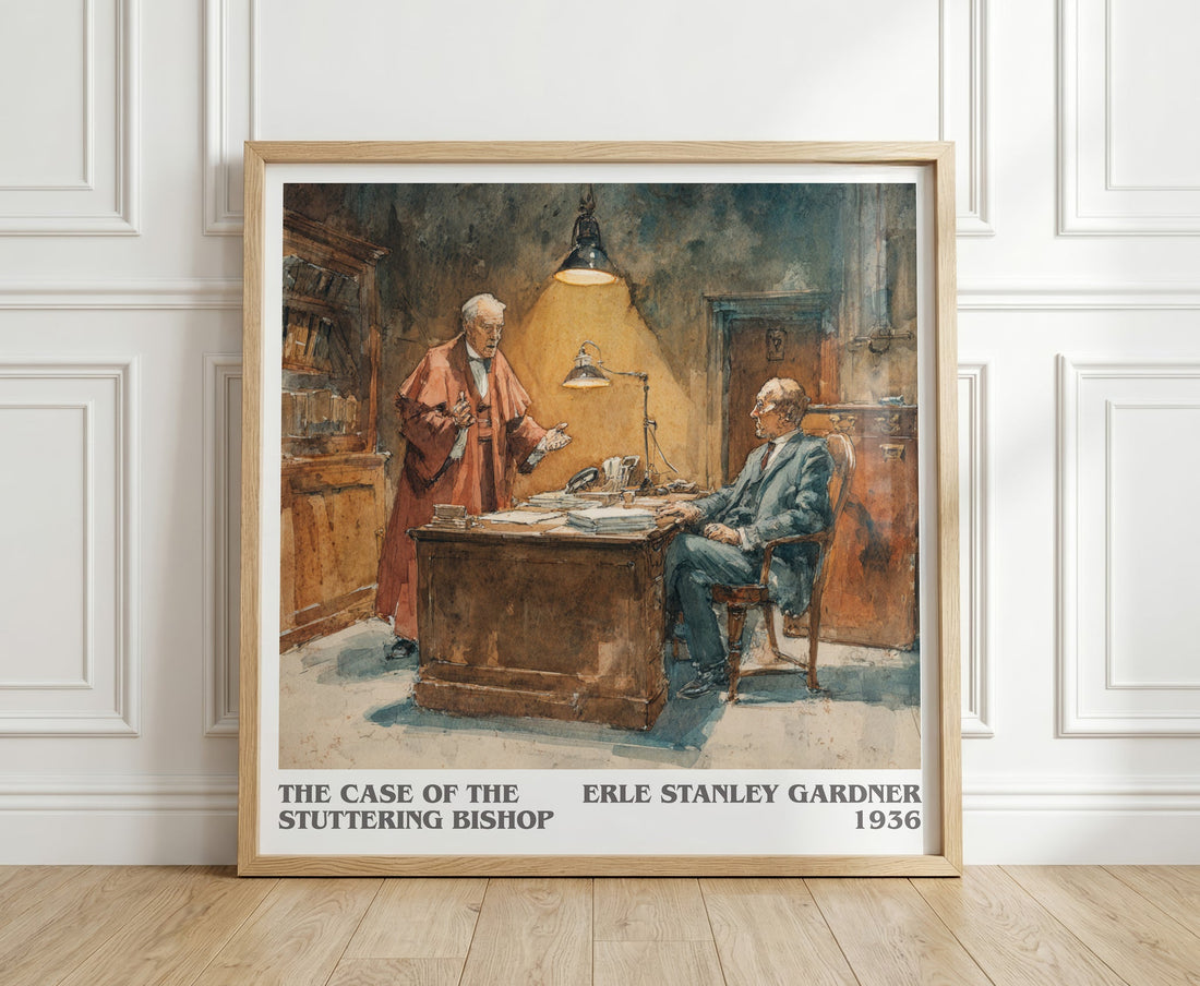 The Case of the Stuttering Bishop literary print in frame leaning in hallway – mystery wall art (mockup)