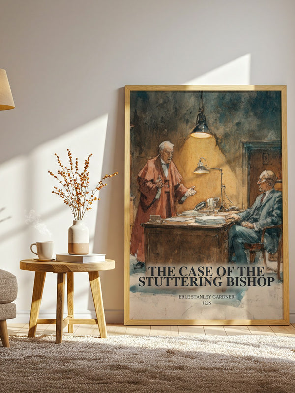 The Case Of The Stuttering Bishop watercolour print in frame leaning in hallway – mystery wall art