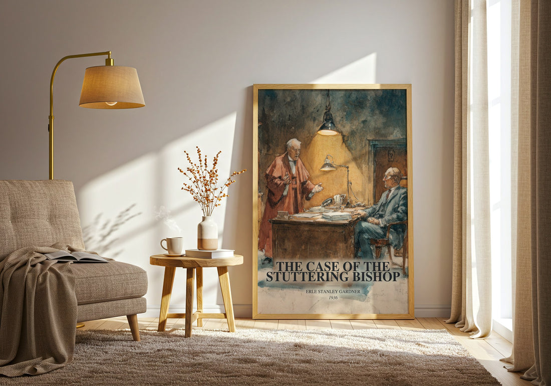 The Case Of The Stuttering Bishop watercolour print in frame leaning in hallway – mystery wall art (mockup)