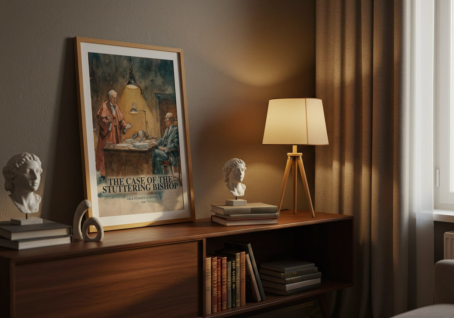 The Case Of The Stuttering Bishop watercolour print on bookshelf – Erle Stanley Gardner fan gift