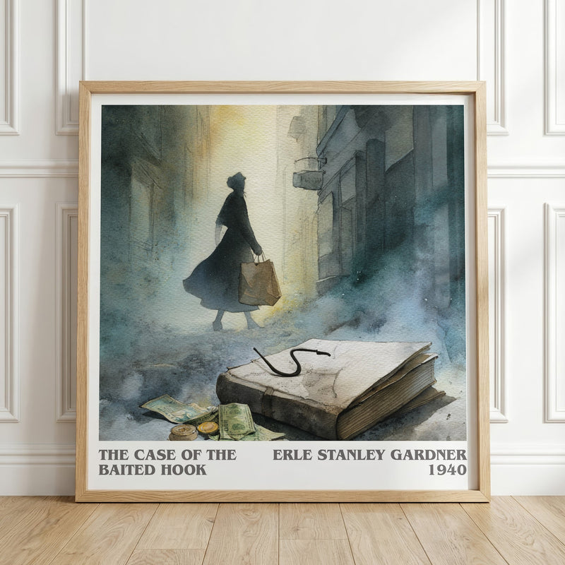 The Case of the Baited Hook literary print in frame leaning in hallway – mystery wall art