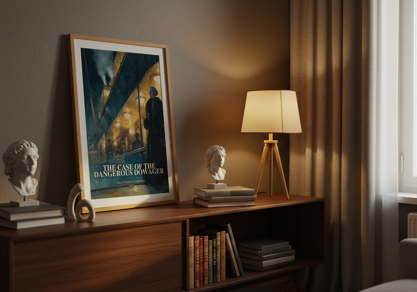 The Case Of The Dangerous Dowager watercolour print on bookshelf – Erle Stanley Gardner fan gift