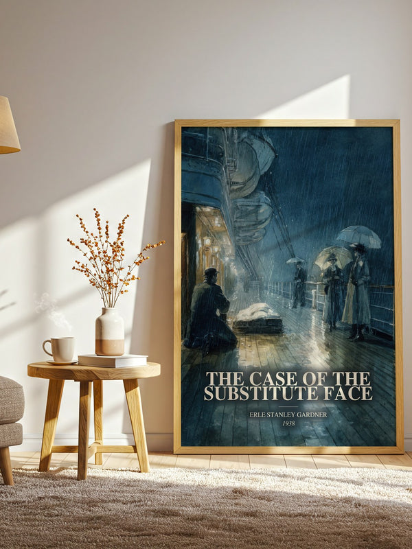 The Case Of The Substitute Face watercolour print in frame leaning in hallway – mystery wall art