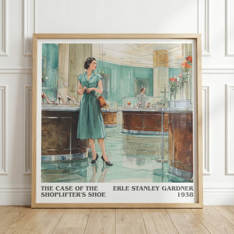 The Case of the Shoplifter's Shoe literary print in frame leaning in hallway – mystery wall art