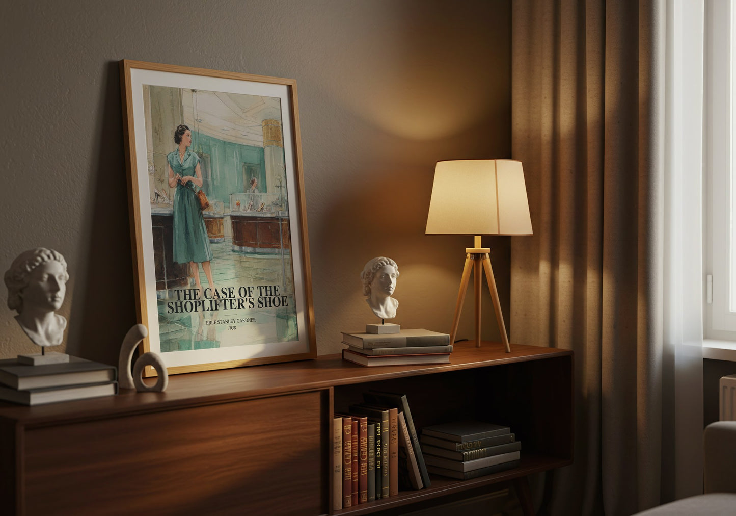 The Case Of The Shoplifter'S Shoe watercolour print on bookshelf – Erle Stanley Gardner fan gift