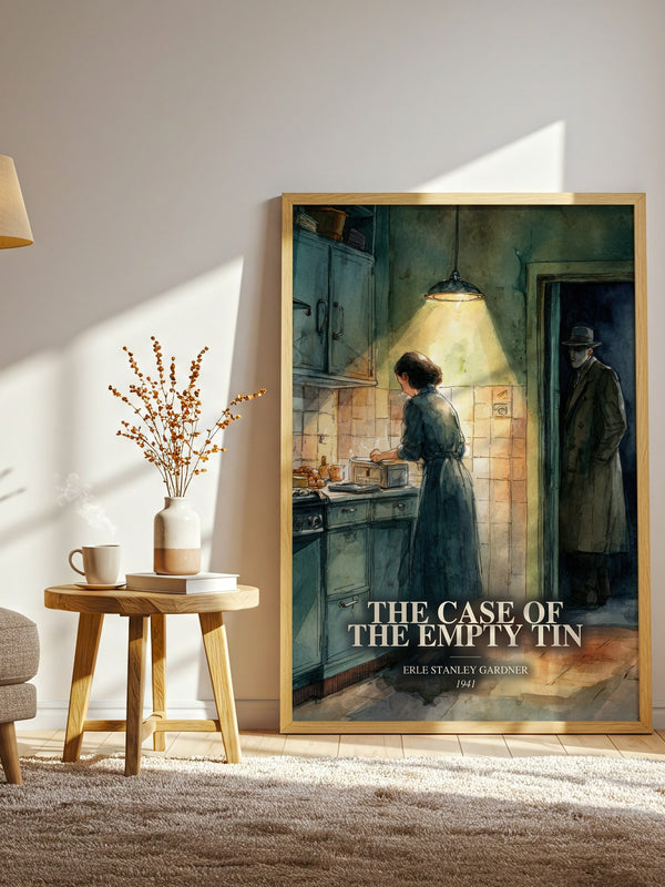 The Case Of The Empty Tin watercolour print in frame leaning in hallway – mystery wall art