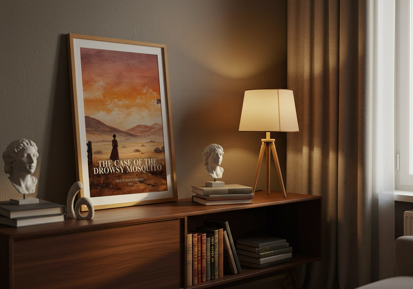 The Case Of The Drowsy Mosquito watercolour print on bookshelf – Erle Stanley Gardner fan gift