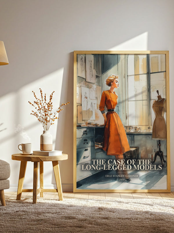The Case Of The Long-Legged Models watercolour print in frame leaning in hallway – mystery wall art