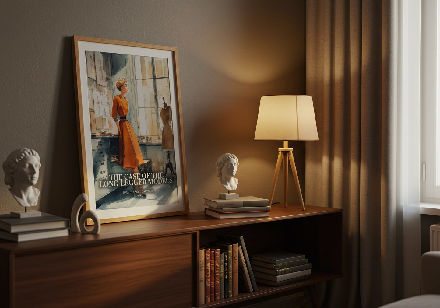 The Case Of The Long-Legged Models watercolour print on bookshelf – Erle Stanley Gardner fan gift