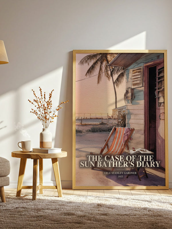 The Case Of The Sun Bather'S Diary watercolour print in frame leaning in hallway – mystery wall art