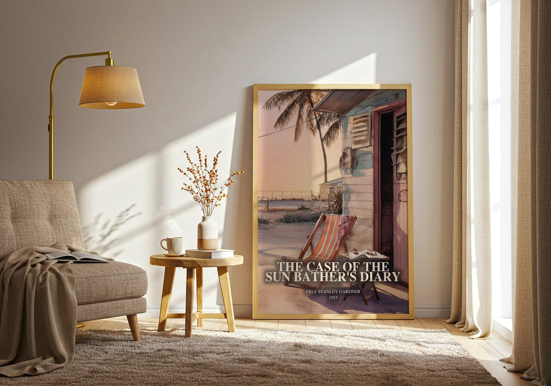 The Case Of The Sun Bather'S Diary watercolour print in frame leaning in hallway – mystery wall art (mockup)