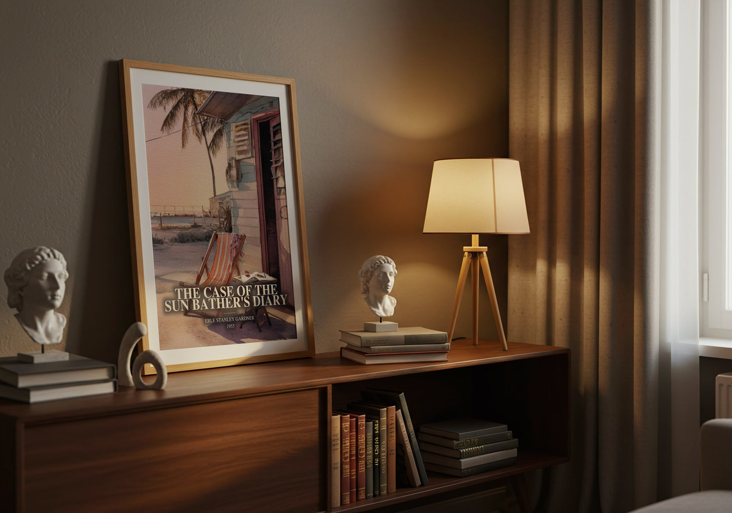 The Case Of The Sun Bather'S Diary watercolour print on bookshelf – Erle Stanley Gardner fan gift