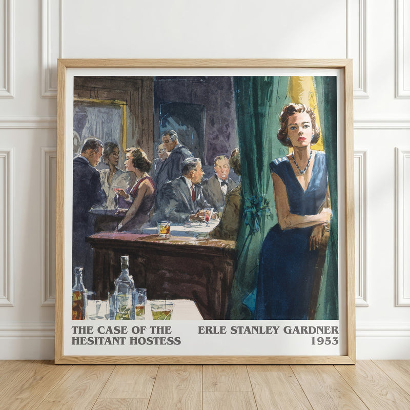 The Case of the Hesitant Hostess literary print in frame leaning in hallway – mystery wall art