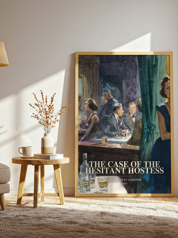 The Case Of The Hesitant Hostess watercolour print in frame leaning in hallway – mystery wall art