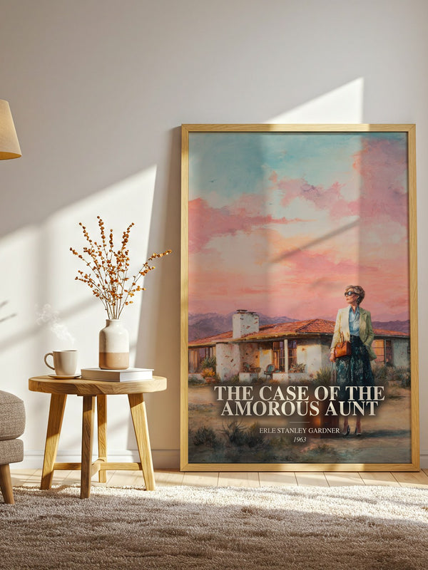 The Case Of The Amorous Aunt watercolour print in frame leaning in hallway – mystery wall art
