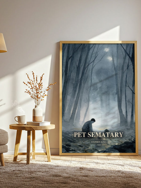 Pet Sematary watercolour print in frame leaning in hallway – horror wall art