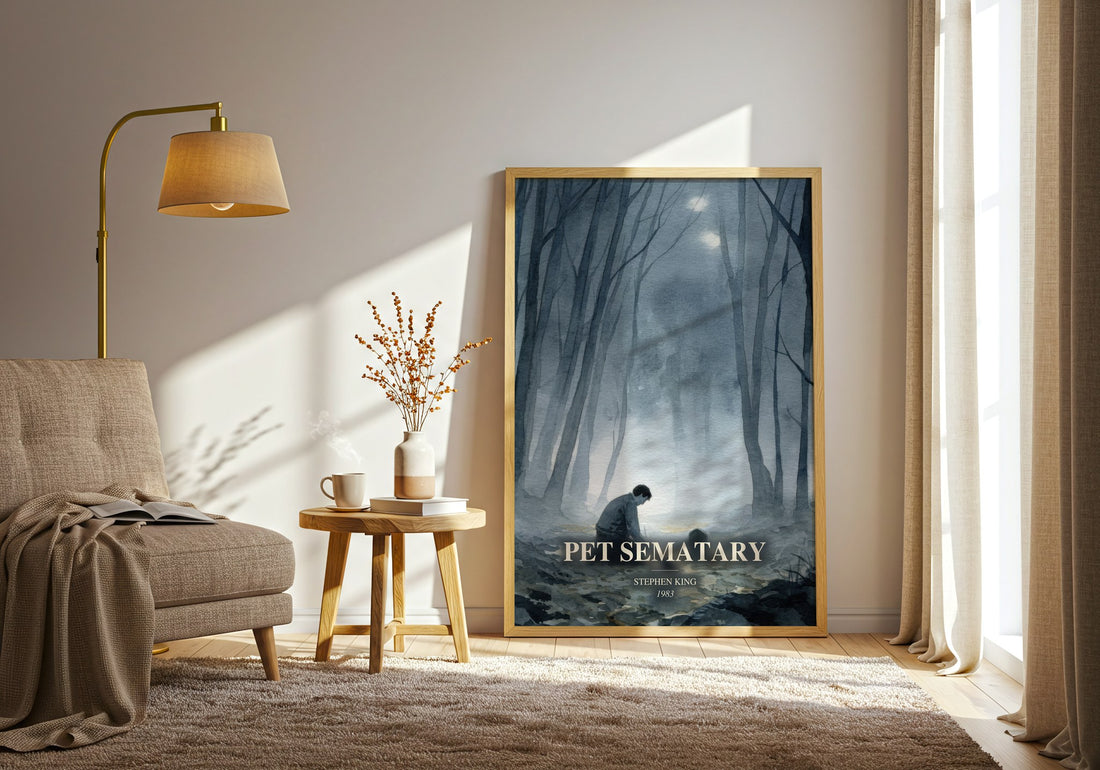 Pet Sematary watercolour print in frame leaning in hallway – horror wall art (mockup)