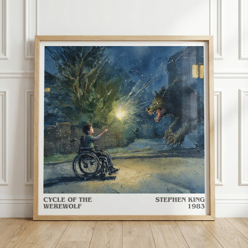 Cycle of the Werewolf literary print in frame leaning in hallway – horror wall art