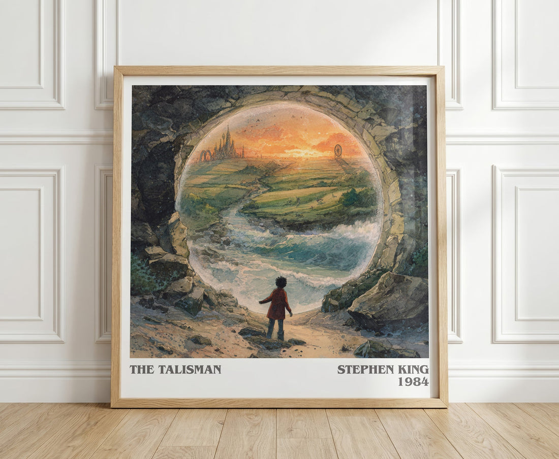The Talisman literary print in frame leaning in hallway – horror wall art (mockup)