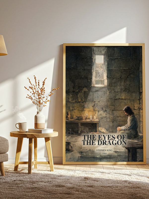 The Eyes Of The Dragon watercolour print in frame leaning in hallway – fantasy wall art