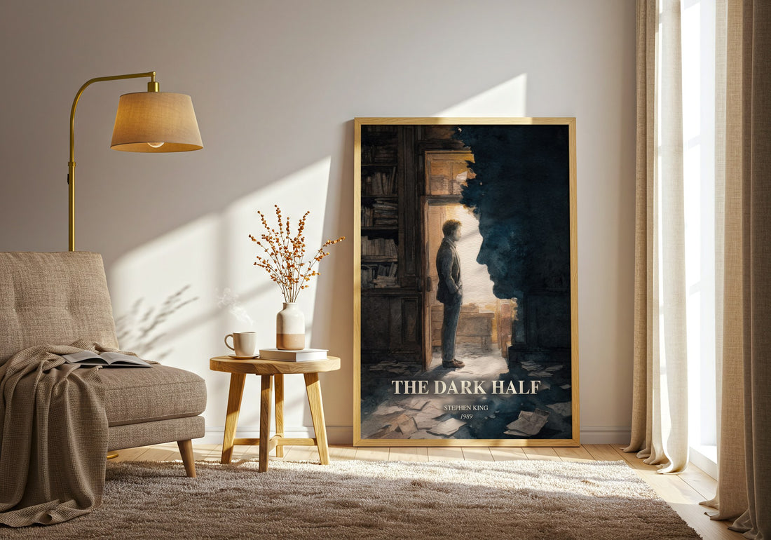 The Dark Half watercolour print in frame leaning in hallway – horror wall art (mockup)