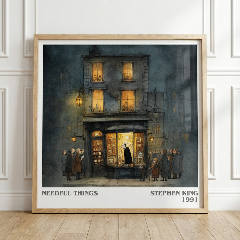 Needful Things literary print in frame leaning in hallway – horror wall art