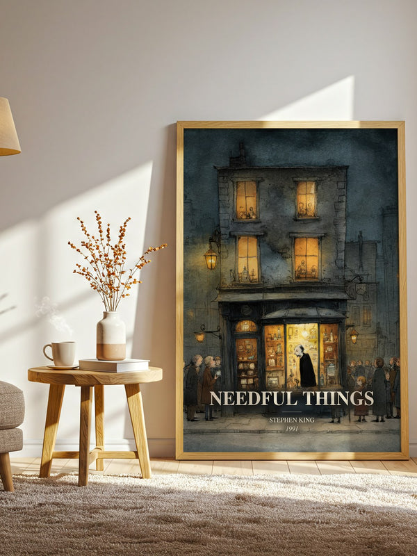 Needful Things watercolour print in frame leaning in hallway – horror wall art