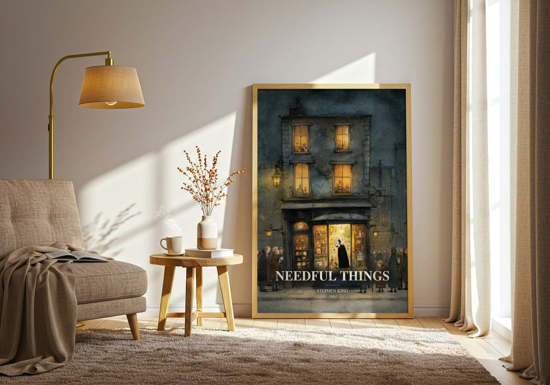 Needful Things watercolour print in frame leaning in hallway – horror wall art (mockup)