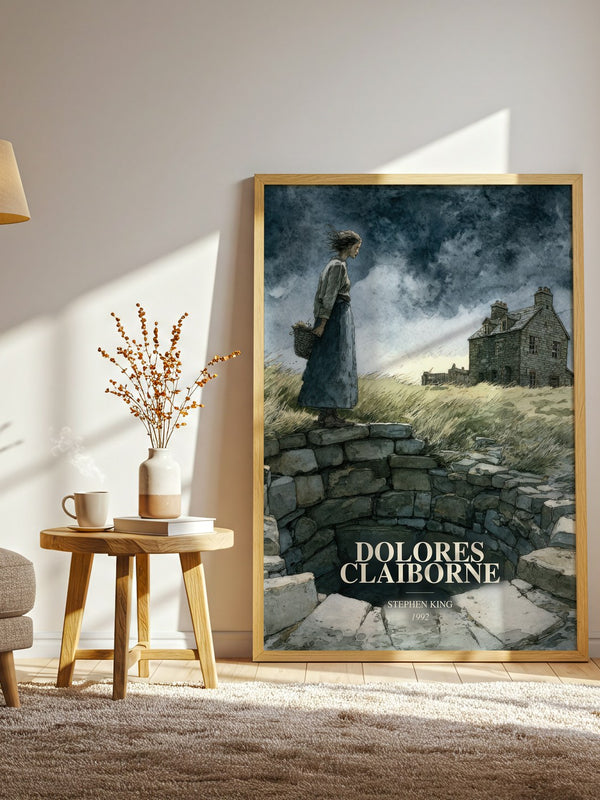 Dolores Claiborne watercolour print in frame leaning in hallway – horror wall art