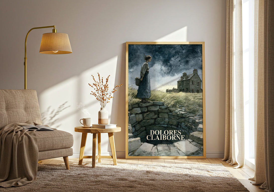 Dolores Claiborne watercolour print in frame leaning in hallway – horror wall art (mockup)