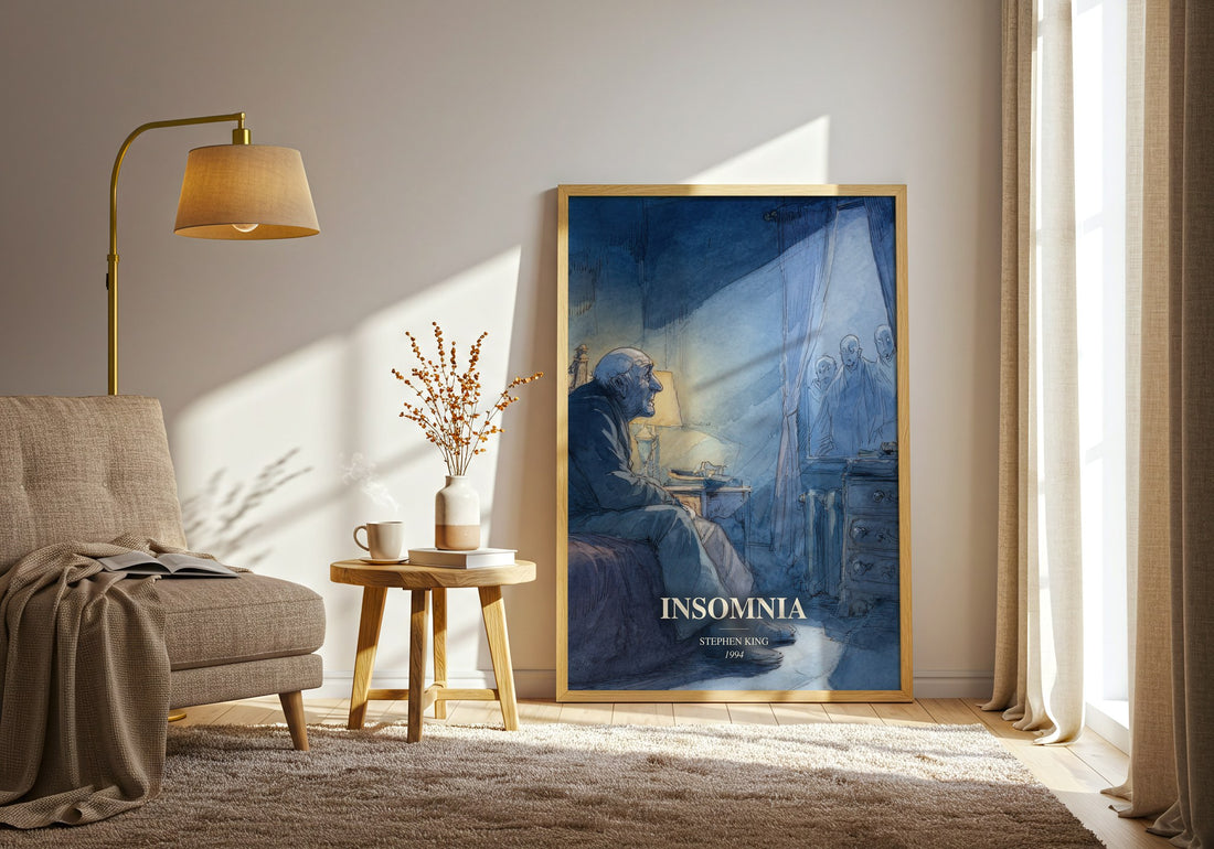 Insomnia watercolour print in frame leaning in hallway – horror wall art (mockup)