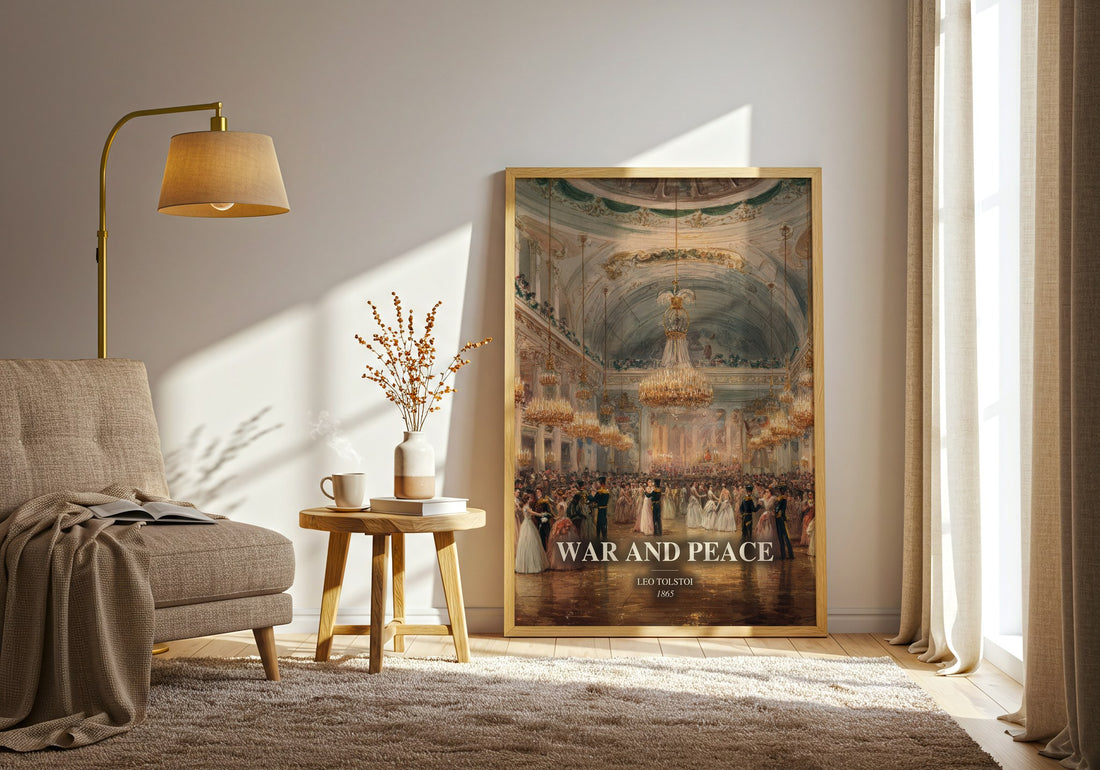 War And Peace watercolour print in frame leaning in hallway – historical fiction wall art (mockup)