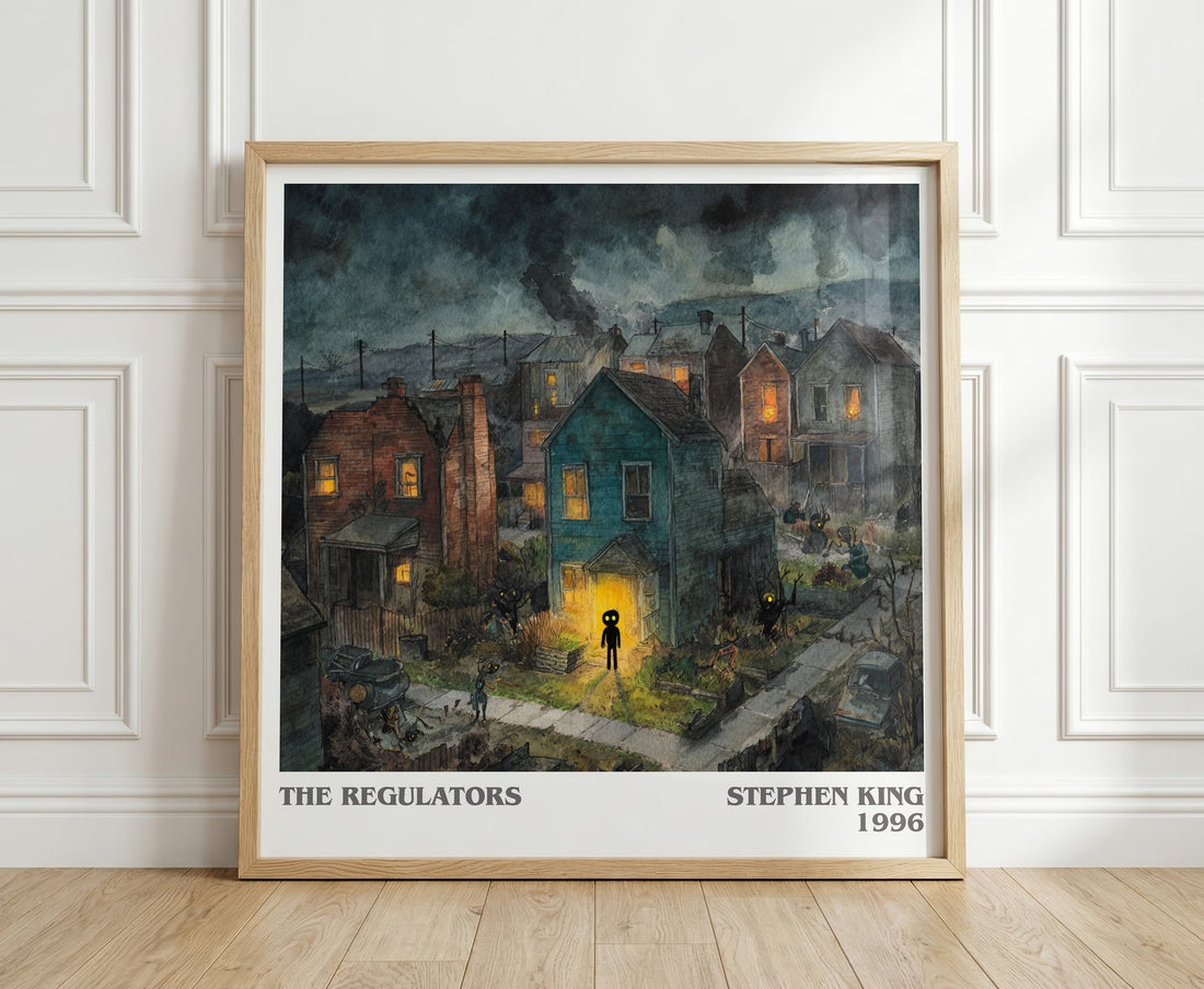 The Regulators literary print in frame leaning in hallway – horror wall art (mockup)