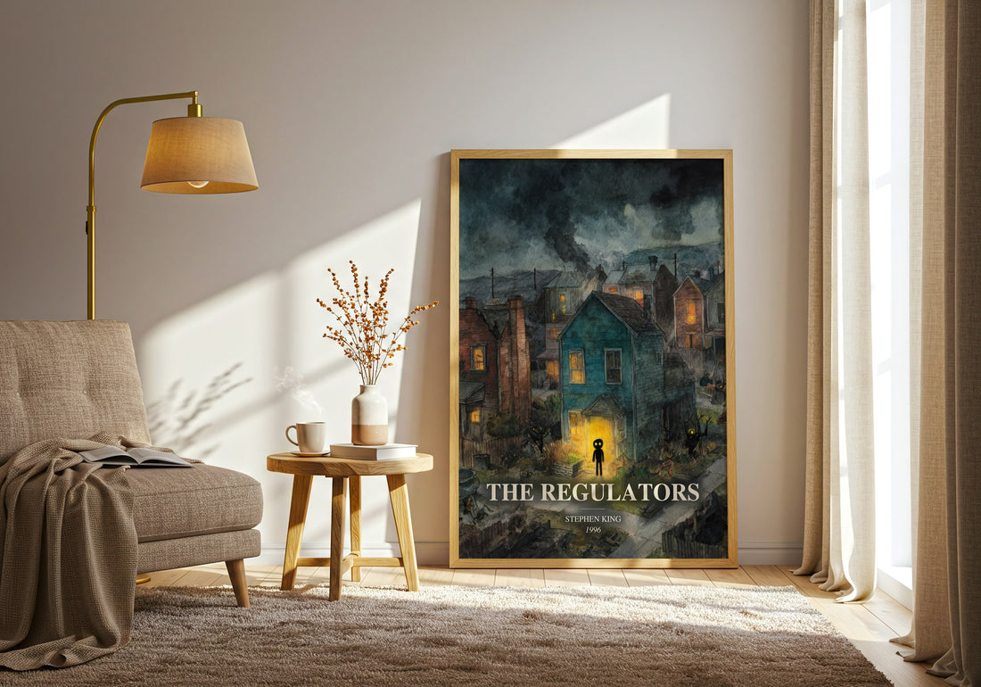The Regulators watercolour print in frame leaning in hallway – horror wall art (mockup)