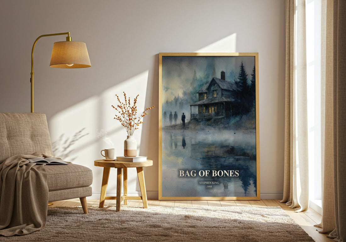 Bag Of Bones watercolour print in frame leaning in hallway – horror wall art (mockup)