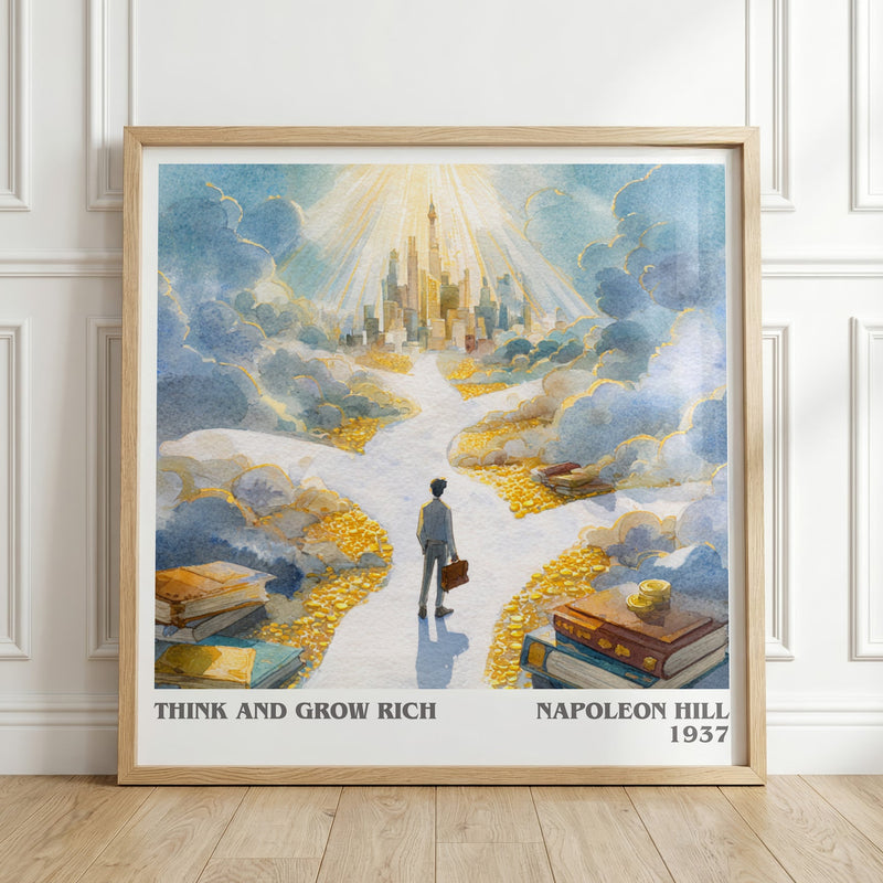 Think and Grow Rich literary print in frame leaning in hallway – non fiction wall art