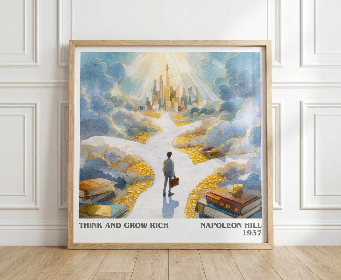 Think and Grow Rich literary print in frame leaning in hallway – non fiction wall art (mockup)