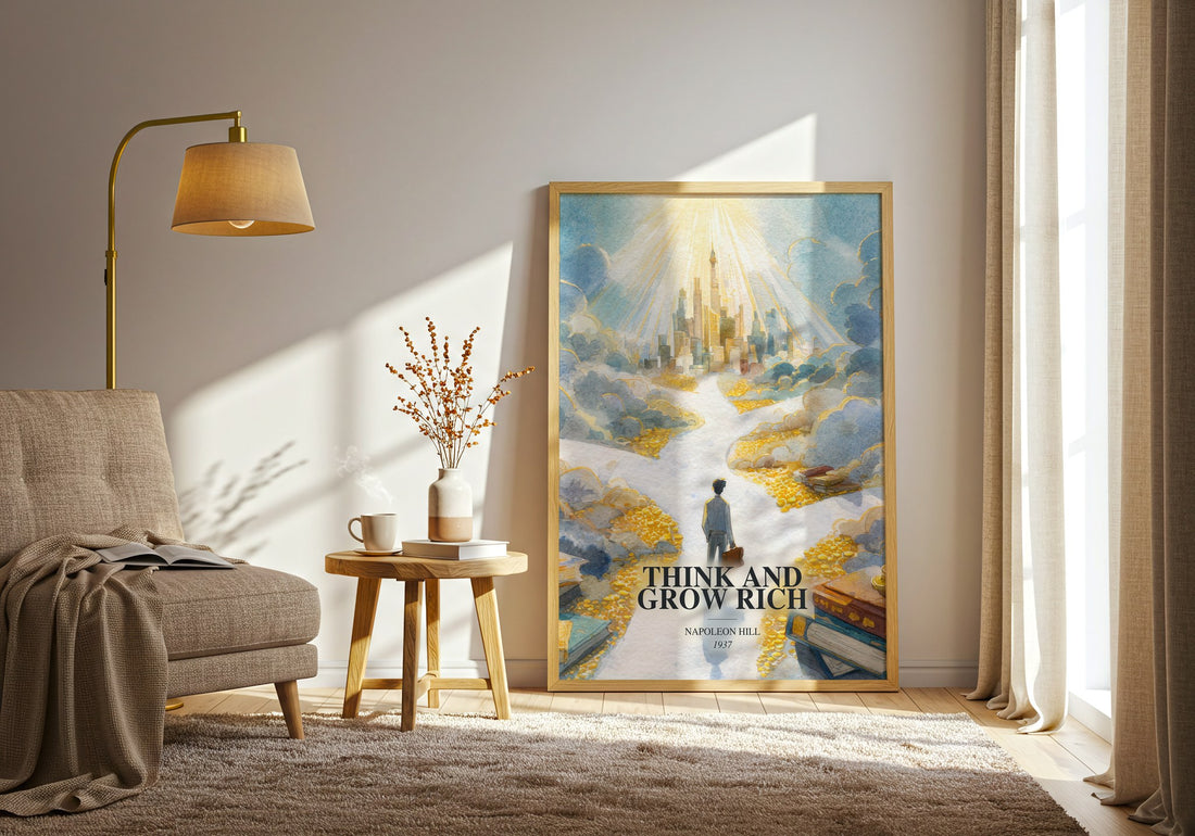 Think And Grow Rich watercolour print in frame leaning in hallway – non fiction wall art (mockup)
