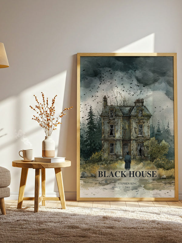 Black House watercolour print in frame leaning in hallway – horror wall art