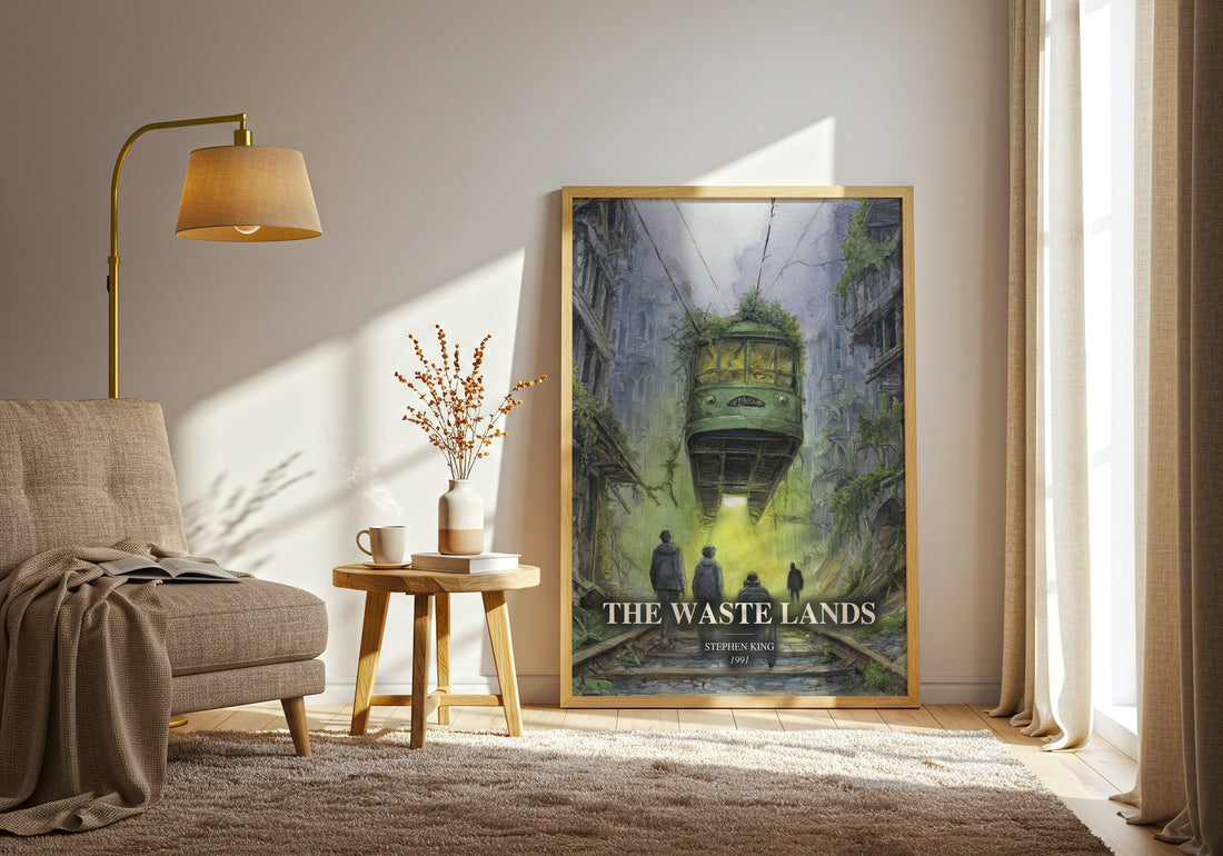 The Waste Lands watercolour print in frame leaning in hallway – fantasy wall art (mockup)