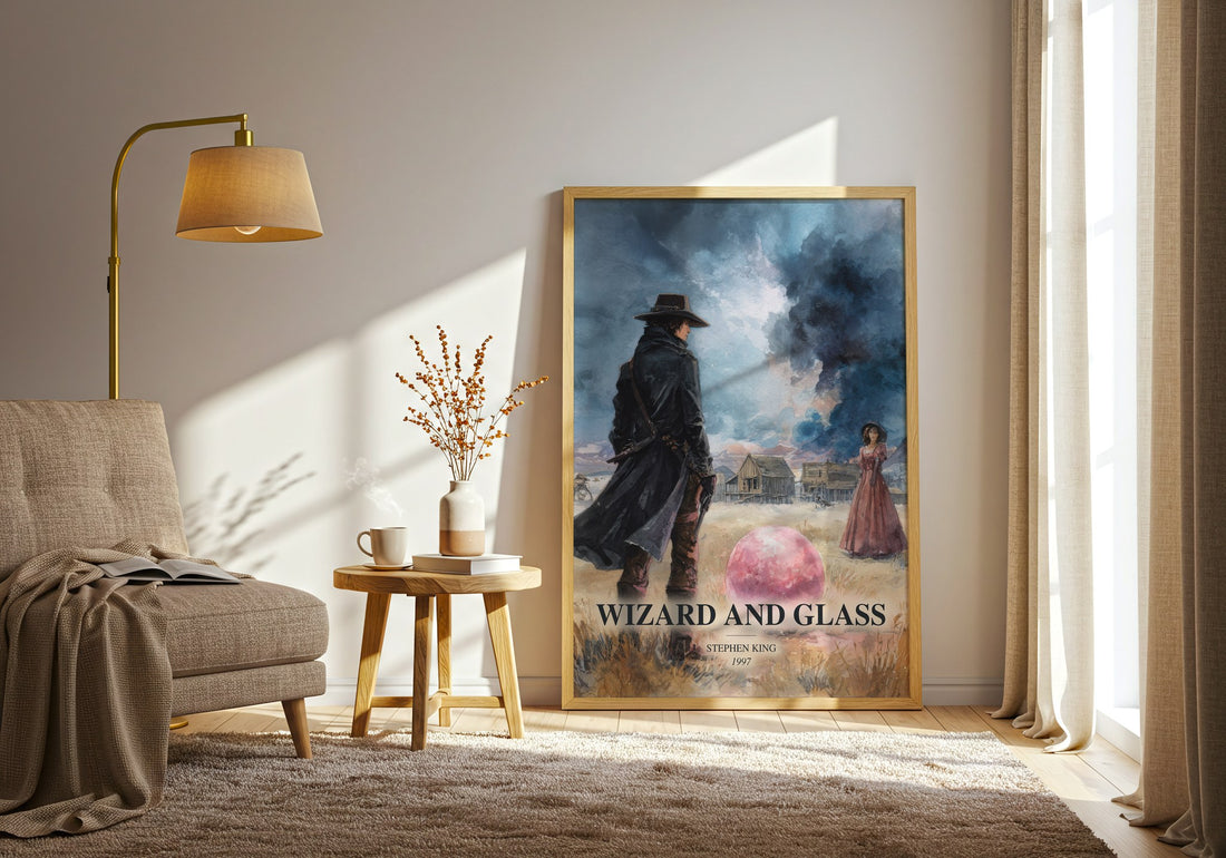 Wizard And Glass watercolour print in frame leaning in hallway – fantasy wall art (mockup)
