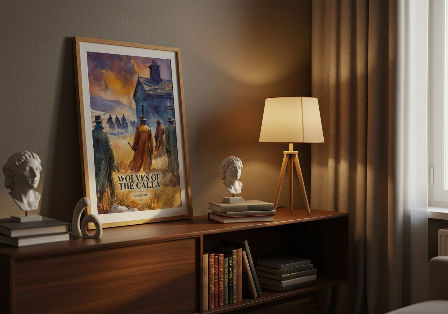 Wolves Of The Calla watercolour print on bookshelf – Stephen King fan gift